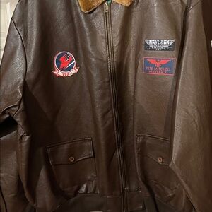 Brown Leather Bomber Jacket with Patches